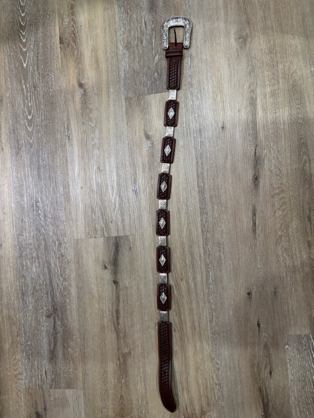 Western Brown Tooled Leather Concho Belt with Silver Accents